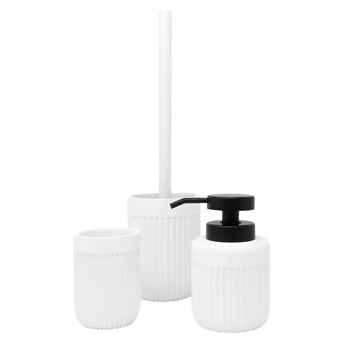 Dispensador de jabón Urban - L x An x Al: 85 x 85 x 136 cm, Plástico, Blanco - Juego de baño blanco con detalles acanalados, compuesto por dosificador de jabón, vaso y escobillero. Accesorios de baño elegantes.