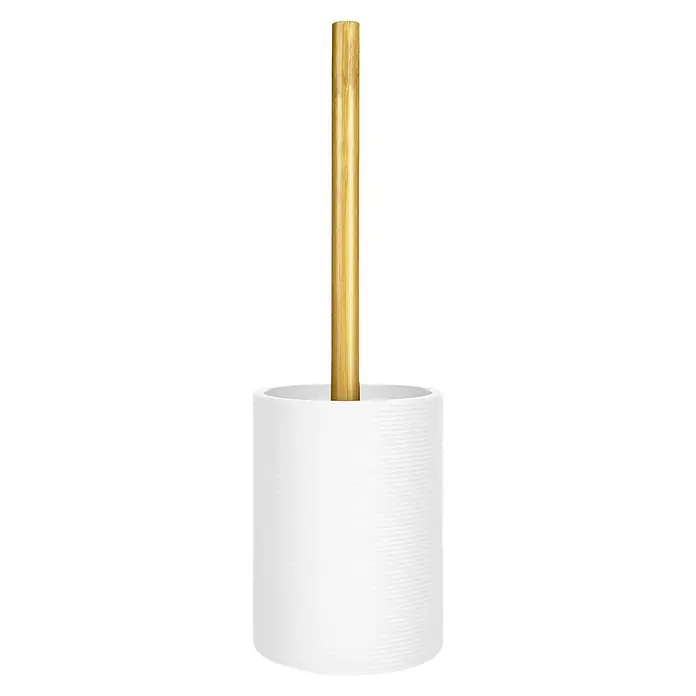 Escobillero de suelo Laos - Plástico, Blanco - Recipiente blanco con varilla de bambú. El accesorio de baño es sencillo y moderno, perfecto para cualquier baño.