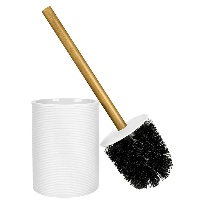 Escobillero de suelo Laos - Plástico, Blanco - Juego de escobilla de váter con soporte y cepillo con mango de madera y cerdas negras para el baño.
