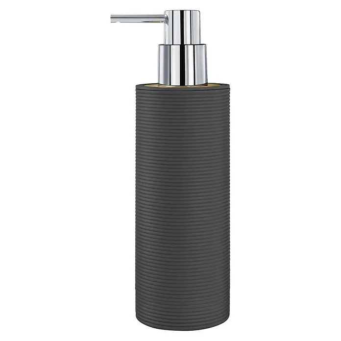 Dispensador de jabón Laos - L x An x Al: 6 x 6 x 20 cm, Plástico, Negro - Un elegante dispensador de jabón gris acanalado con un cabezal de bomba plateado brillante, ideal para cualquier baño moderno.