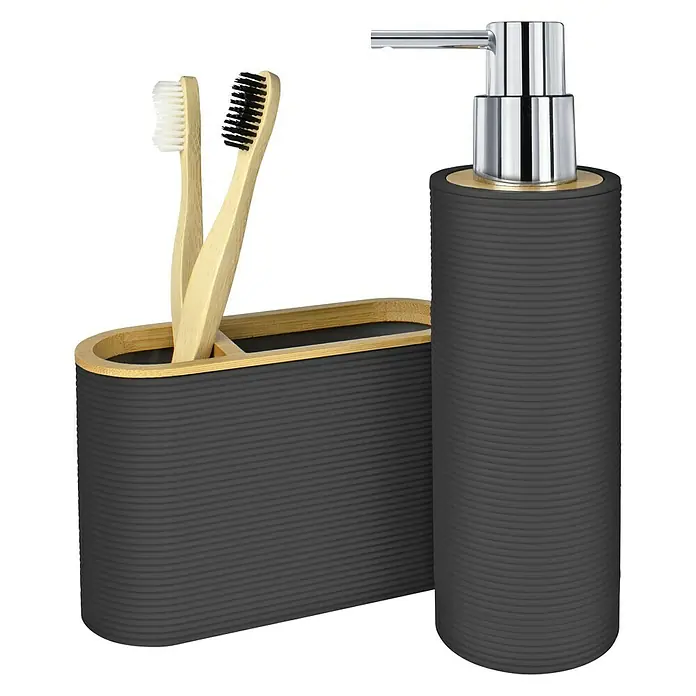Dispensador de jabón Laos - L x An x Al: 6 x 6 x 20 cm, Plástico, Negro - Un conjunto de baño gris con un dispensador de jabón, un vaso para cepillos de dientes con dos cepillos. Un conjunto moderno para tu baño.