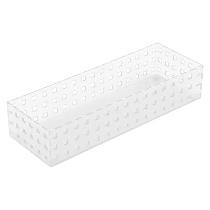 Organizador Remontable - L x An x Al: 32 x 11 x 6,5 cm, Número de compartimentos: 1 ud., Translúcido - Esta toma muestra una caja de cajón rectangular larga de plástico blanco perforado sobre un fondo negro. Práctica solución de almacenamiento.
