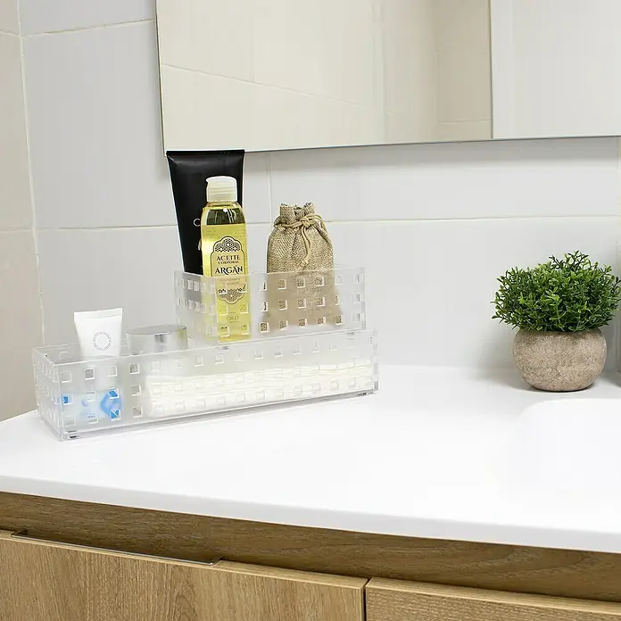 Organizador Remontable - L x An x Al: 32 x 11 x 6,5 cm, Número de compartimentos: 1 ud., Translúcido - Organizador de baño con productos cosméticos. Una solución elegante para esenciales del baño, mejora el orden.