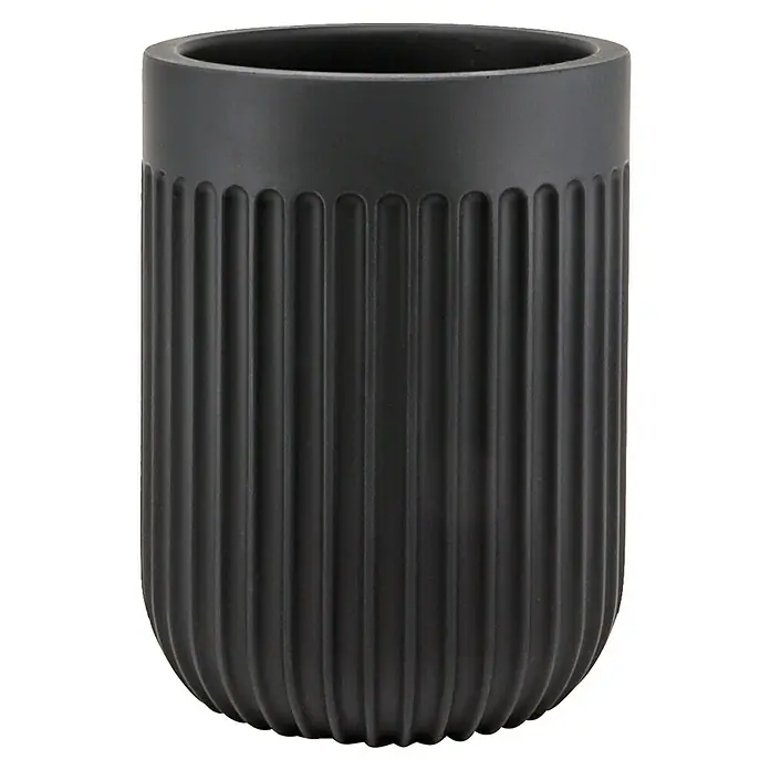Portacepillos Urban - L x An x Al: 72 x 72 x 97 cm, Plástico, Negro - Primer plano de una maceta elegante y cilíndrica en gris antracita con detalles acanalados verticales, perfecta para decoración interior moderna.