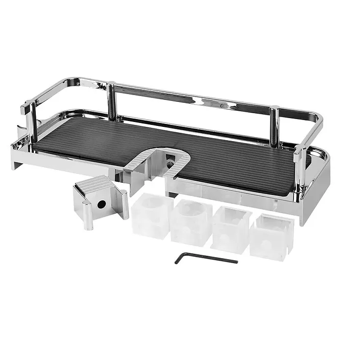 Estantería de baño - 11,8 x 34 x 7 cm, Plástico, Cromo - Un estante de ducha plateado con inserciones de goma negra y accesorios de montaje, listo para la instalación en el baño o la ducha.