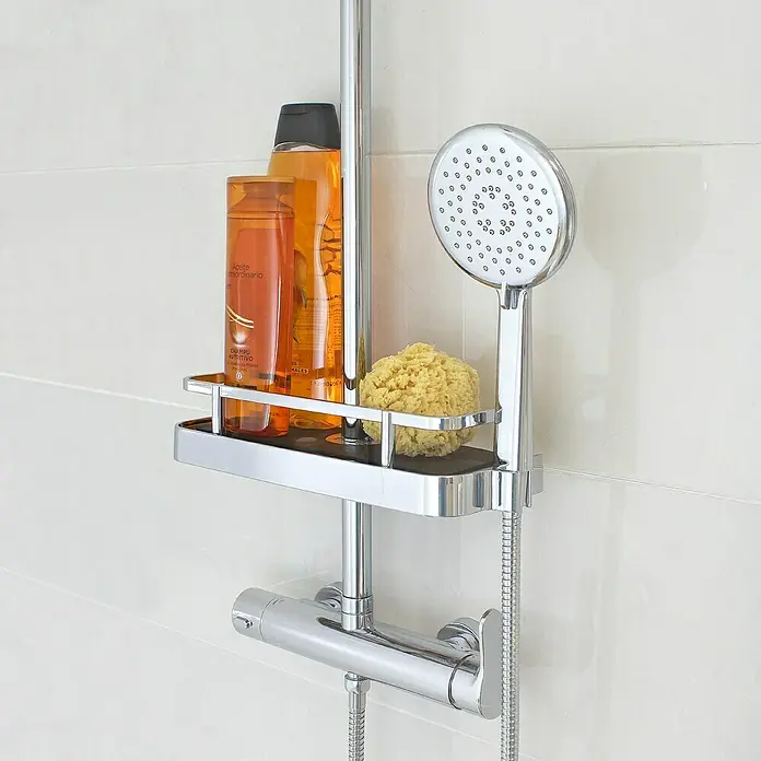 Estantería de baño - 11,8 x 34 x 7 cm, Plástico, Cromo - Cesta de ducha con champú, gel de ducha y esponja adherida al cabezal de ducha. Una solución de almacenamiento práctica para la ducha.