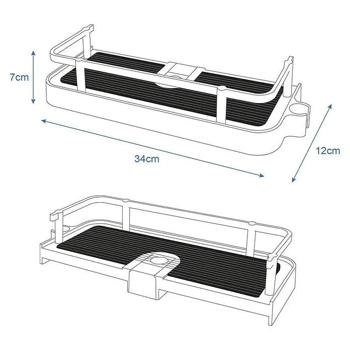 Estantería de baño - 11,8 x 34 x 7 cm, Plástico, Cromo - Ilustración de un estante de ducha rectangular con dimensiones de 34 cm de largo, 12 cm de ancho y 7 cm de alto.
