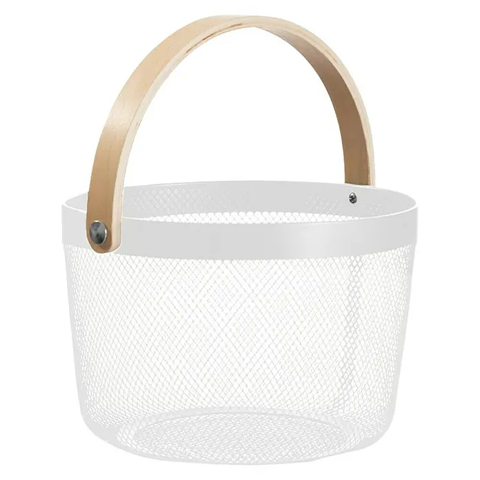 Cesta redonda Round - Ø x Al: 25,5 x 17,5 cm, Blanco - Una cesta de alambre blanco con un asa de madera clara. La cesta está vacía y sobre un fondo negro.