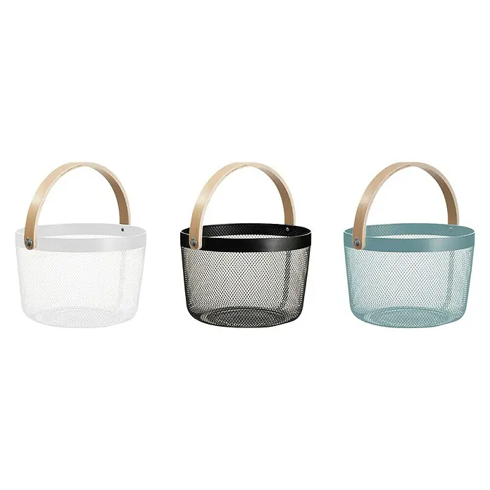 Cesta redonda Round - Ø x Al: 25,5 x 17,5 cm, Blanco - Tres cestas metálicas decorativas con asas de madera en blanco, negro y azul, perfectas para guardar diversos objetos en la casa.