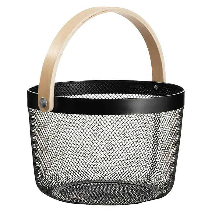 Cesta redonda Round - Ø x Al: 25,5 x 17,5 cm, Negro - Cesta de alambre negro con asa de madera. La cesta es ideal para el almacenamiento y la decoración en toda la casa. Práctica y elegante.