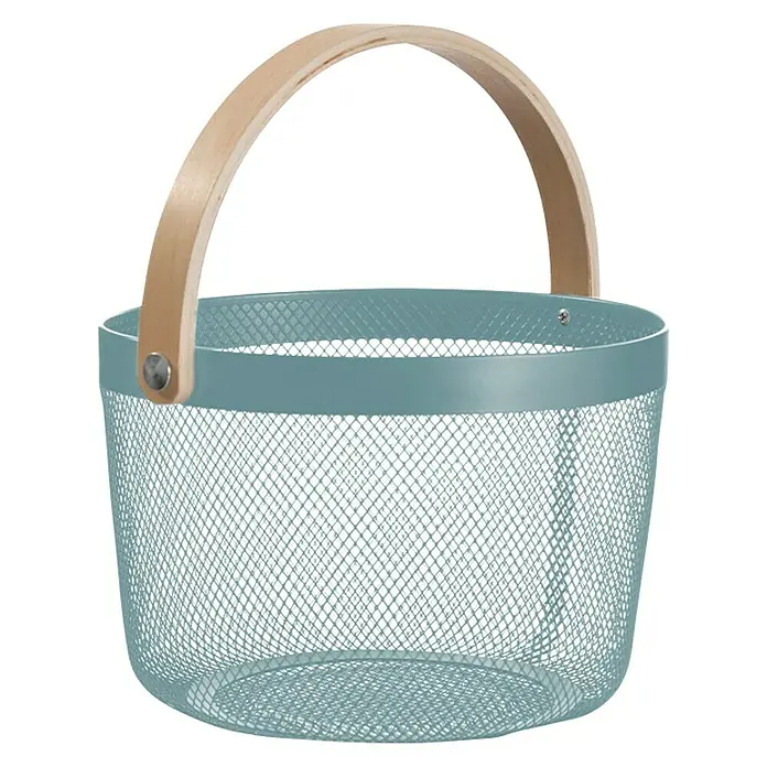 Cesta redonda Round - Ø x Al: 25,5 x 17,5 cm, Verde - Cesta de alambre con asa de madera. Ideal para almacenamiento y organización con estilo.
