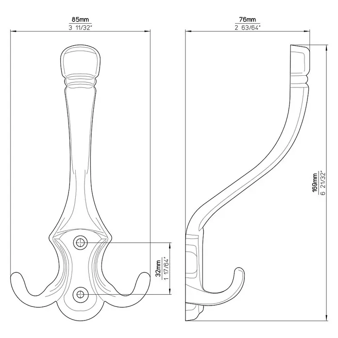 Siro Garderobenhaken - L x B x H: 169 x 85 x 76 mm, Braun, Stahl - Eine detaillierte Zeichnung eines Wandhakens mit Maßangaben, die die Abmessungen hervorheben.