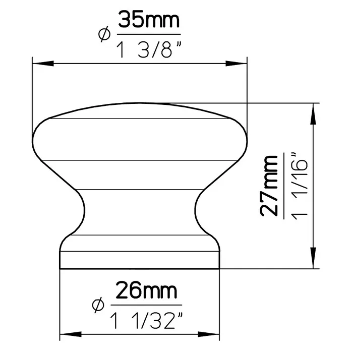 Siro Möbelknopf - Typ Möbelgriff: Knopf, Ø x H: 35 x 27 mm, Holz, Lackiert, Erle - Technische Zeichnung eines runden Möbelknopfs mit Maßangaben in Millimetern und Zoll.