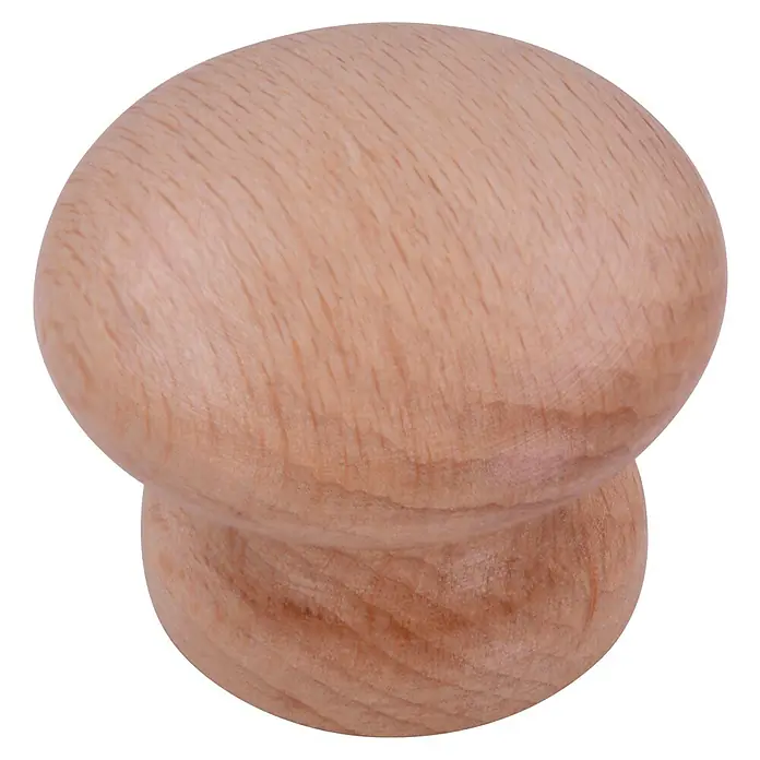Siro Möbelknopf - Typ Möbelgriff: Knopf, Ø x H: 35 x 27 mm, Holz, Lackiert, Buche - Nahaufnahme eines runden Möbelknopfs aus unbehandeltem Holz mit Maserung.