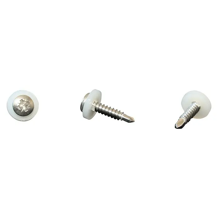 Sarei Fensterbankschrauben - Edelstahl A2, 3,9 x 19 mm, 12 Stk. - Bild von drei selbstbohrenden Schrauben mit Unterlegscheibe und Linsenkopf für vielfältige Anwendungen.