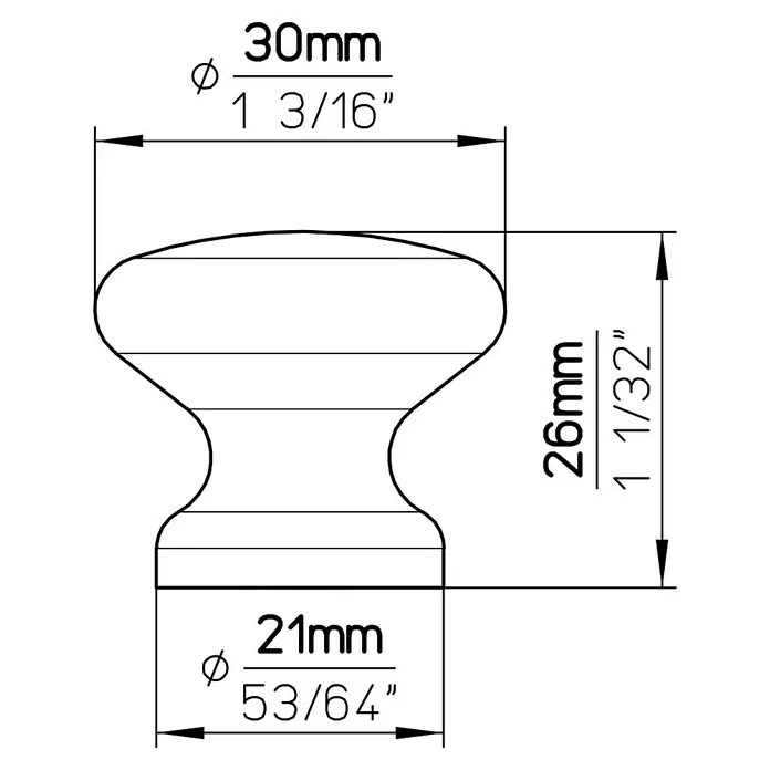 Siro Möbelgriff - Typ Möbelgriff: Knopf, Ø x H: 30 x 26 mm, Fichte - Abbildung eines Möbelknopfs mit den Maßen 30 mm Durchmesser oben und 21 mm Durchmesser unten, die Gesamthöhe beträgt 26 mm.