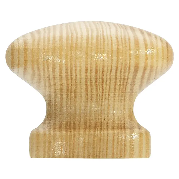 Siro Möbelknopf - Typ Möbelgriff: Knopf, Ø x H: 35 x 27 mm, Holz, Lackiert, Kiefer - Nahaufnahme eines runden Holzknaufs mit Maserung auf schwarzem Hintergrund, ideal für Möbel.