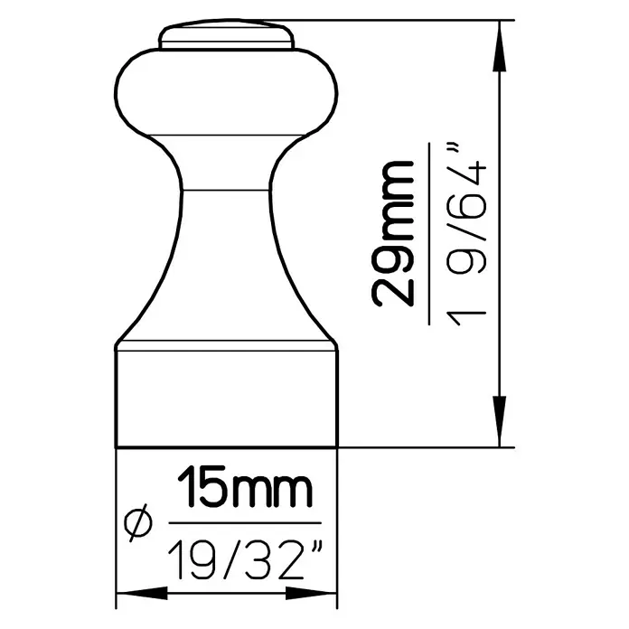 Siro Garderobenhaken - Ø x H: 15 x 29 mm, Braun, Holz - Technische Zeichnung eines Möbelknopfs mit Maßangaben: 29 mm Höhe und 15 mm Durchmesser für präzise Fertigung und Design.