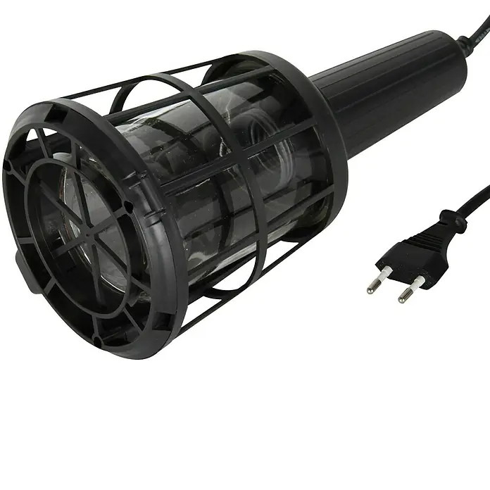 REV Iso-Handlampe - Netzbetrieben, Kabellänge: 5 m - Eine schwarze Handleuchte mit Schutzgitter und Stecker. Ideal für Werkstatt und Baustelle, robust und sicher.