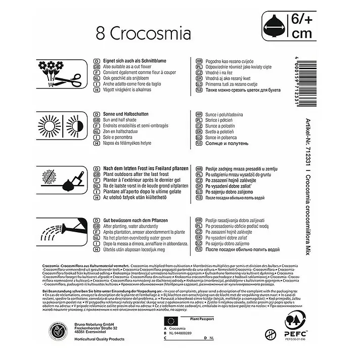 Kiepenkerl Sommerblumenzwiebeln Montbretie - Crocosmia, 8 Stk. - Crocosmia-Produktverpackung mit Anweisungen zu Pflanzung, Standort und Pflege der Crocosmia-Blumenzwiebeln.