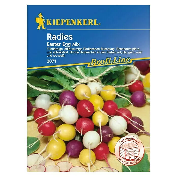 Kiepenkerl Profi-Line Gemüsesamen Radieschen - Raphanus sativus var. sativus, Saatzeit: April, Erntezeit: Juli - KIEPENKERL® Samenpackung 'Easter Egg Mix' mit bunten Radieschen: rot, lila, gelb, weiß.