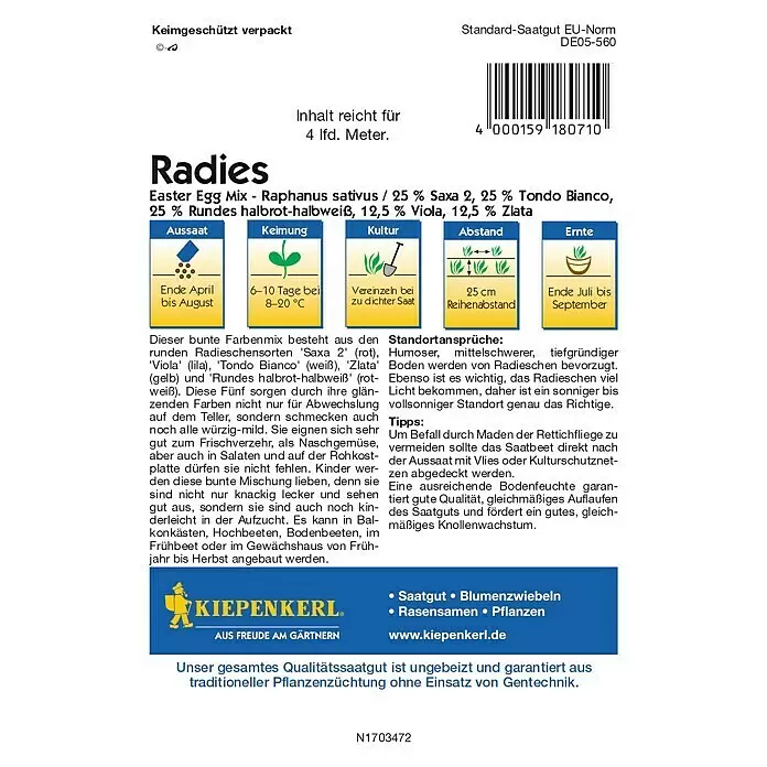 Kiepenkerl Profi-Line Gemüsesamen Radieschen - Raphanus sativus var. sativus, Saatzeit: April, Erntezeit: Juli - Saatgutpackung für Radieschen Easter Egg Mix, eine bunte Radieschenmischung mit Pflanzanleitung.