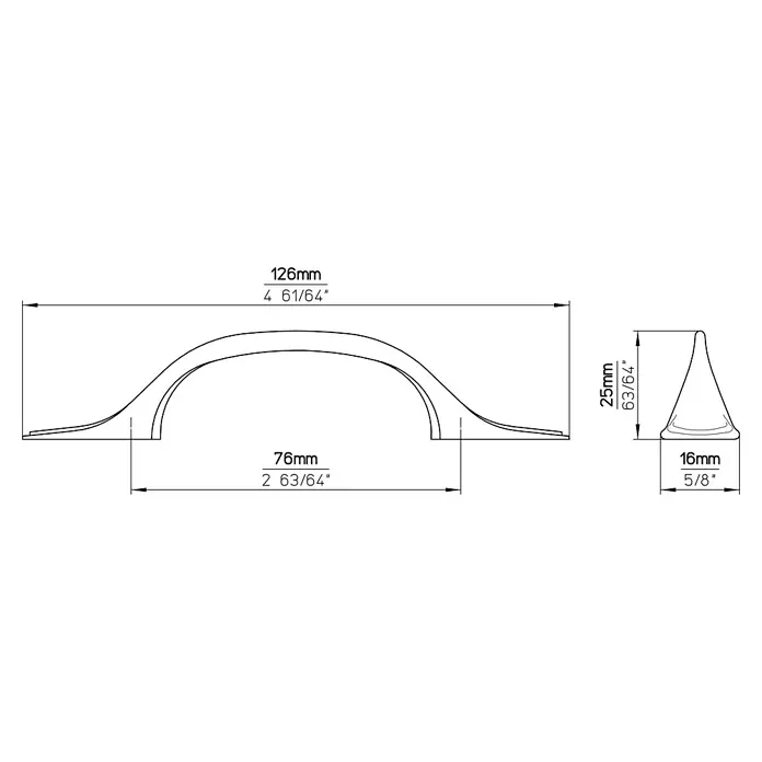 Siro Möbelgriff - Typ Möbelgriff: Bügel, L x B x H: 126 x 16 x 25 mm, Stahl, Braun - Technische Zeichnung des Griffstücks mit allen Maßen, inklusive Länge, Breite und Höhe, für detaillierte Produktinformationen.