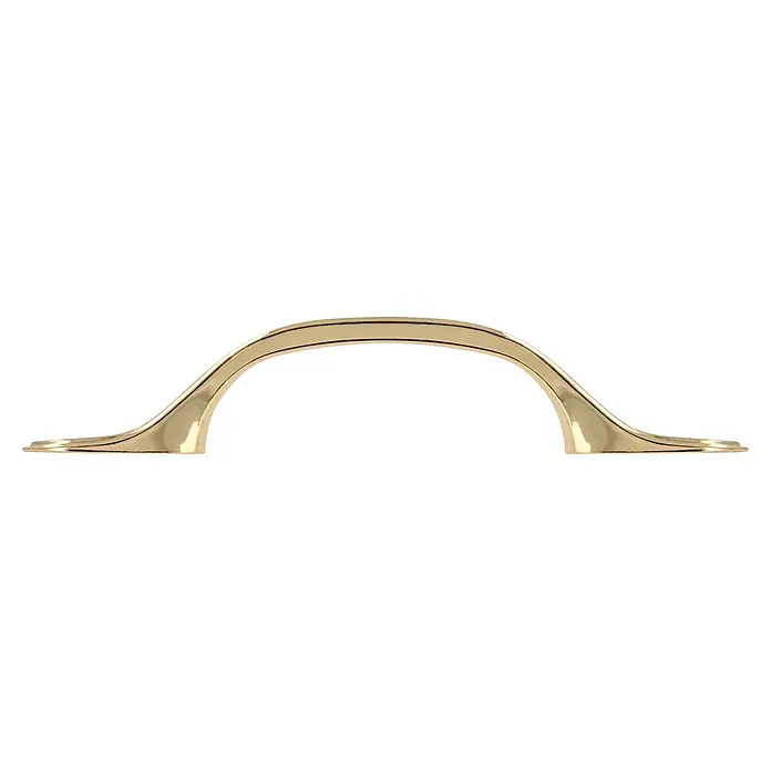 Siro Möbelgriff - Typ Möbelgriff: Bügel, L x B x H: 126 x 16 x 25 mm, Stahl, Gold - Nahaufnahme eines eleganten, goldenen Schrankgriffs mit sanften Kurven und einer glänzenden Oberfläche, ideal für stilvolle Möbel.