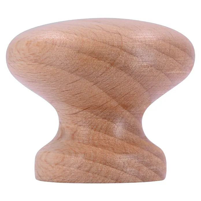Siro Möbelgriff - Typ Möbelgriff: Knopf, Ø x H: 30 x 26 mm, Buche, Lackiert - Nahaufnahme eines hölzernen Schubladenknopfs mit glatter Oberfläche und klassischer Form vor schwarzem Hintergrund.