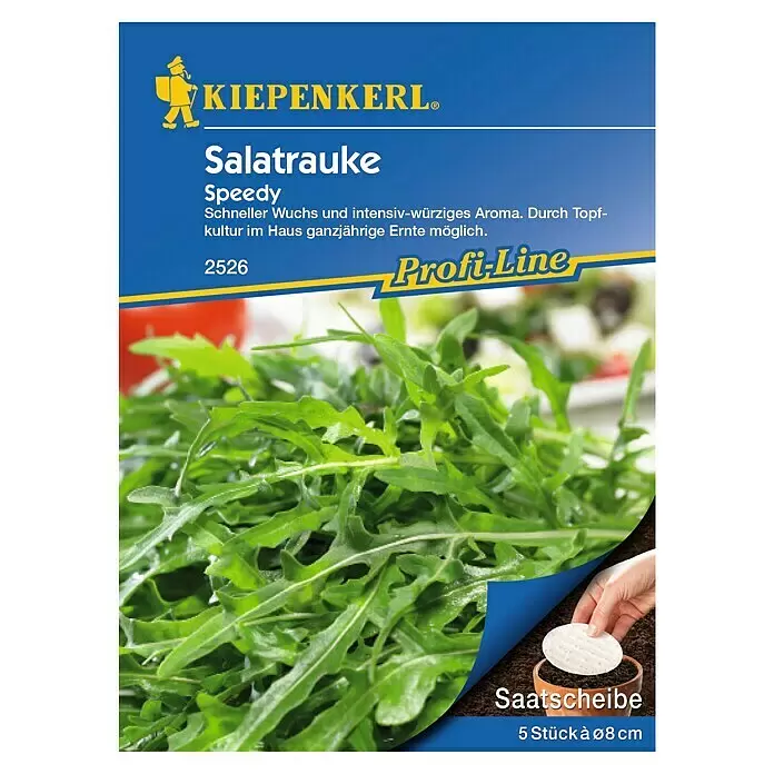 Kiepenkerl Profi-Line Salatsamen Salatrauke Speedy - Eruca sativa, Erntezeit: Ganzjährig - Blaues KIEPENKERL Salatrauke Speedy (Rucola) Samenpäckchen, zeigt frische Blätter und eine Hand, die eine der 5 enthaltenen 8cm Saatscheiben pflanzt.