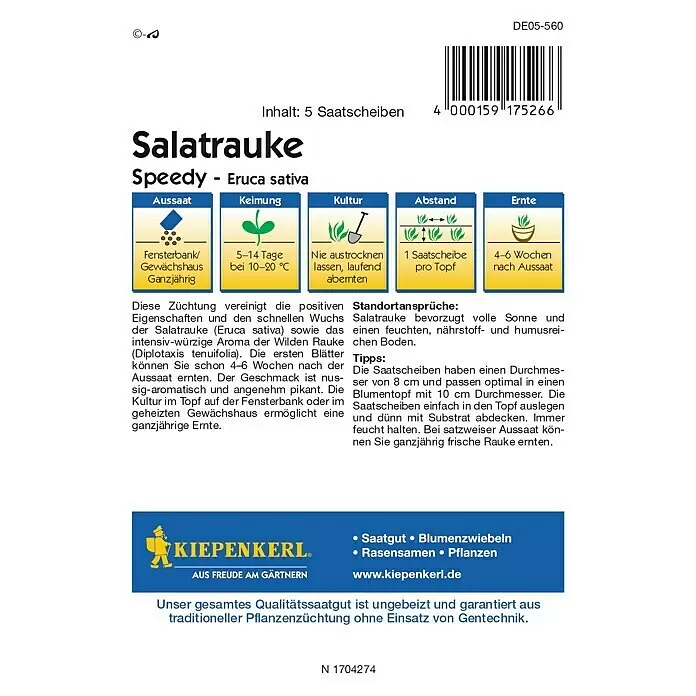 Kiepenkerl Profi-Line Salatsamen Salatrauke Speedy - Eruca sativa, Erntezeit: Ganzjährig - Kiepenkerl Samentüte für Salatrauke 'Speedy' (Eruca sativa) mit Pflanzanleitung, Kultivierungstipps und Ernteinformationen.