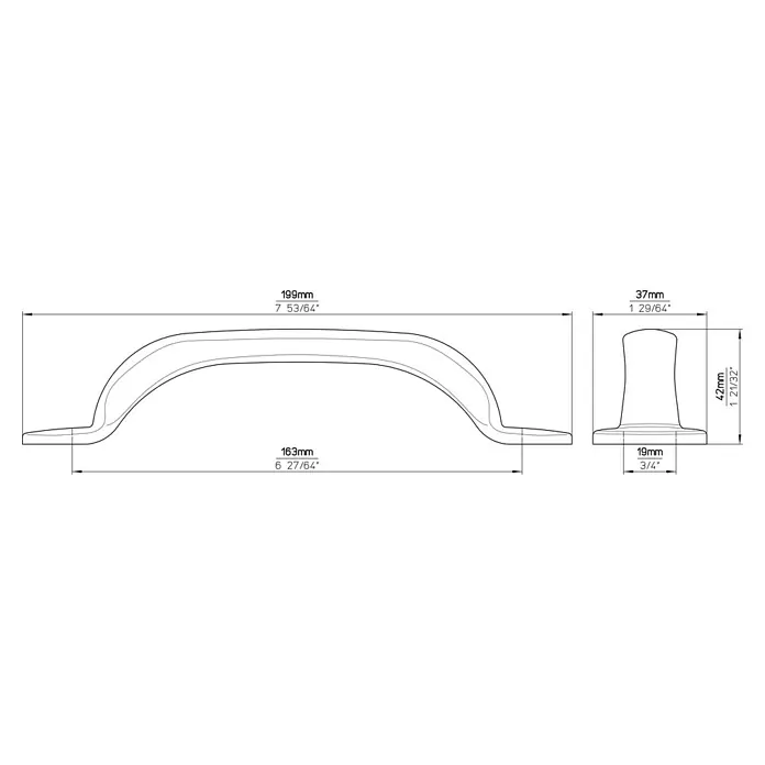 Siro Möbelgriff - Typ Möbelgriff: Bügel, L x B x H: 162 x 37 x 4 mm, Stahl, Silber - Schemazeichnung eines Möbelgriffs mit Maßangaben in Millimetern und Zoll, die die Abmessungen des Produkts verdeutlichen.
