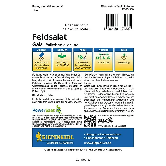 Kiepenkerl Profi-Line Salatsamen Feldsalat PowerSaat - Valerianella locusta, Erntezeit: Ganzjährig, 2,3 g - Abbildung der Feldsalat 'Gala' Samenpackung von Kiepenkerl mit Anbauhinweisen.