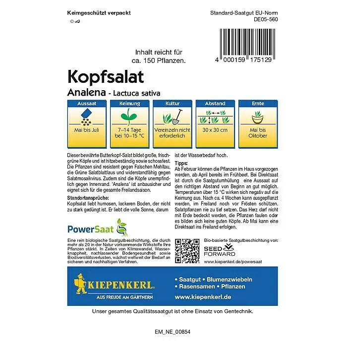 Kiepenkerl Profi-Line Salatsamen Kopfsalat PowerSaat - Lactuca sativa, Erntezeit: Mai - Kiepenkerl Samenpackung für 'Analena' Butterkopfsalat mit Pflanzinformationen und Logo.