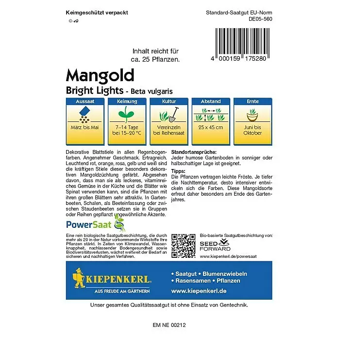 Kiepenkerl Profi-Line Gemüsesamen Mangold PowerSaat - Beta vulgaris var. vulgaris, Saatzeit: März, Erntezeit: Juni - Rückansicht