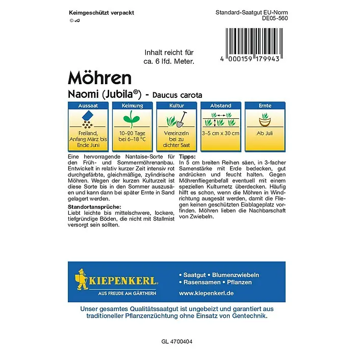 Kiepenkerl Profi-Line Gemüsesamen Möhren - Daucus carota ssp. sativus, Saatzeit: März, Erntezeit: Juli - Abbildung einer Kiepenkerl-Saatgutpackung für Naomi (Jubila®) Möhren, ideal für den Anbau im Garten.