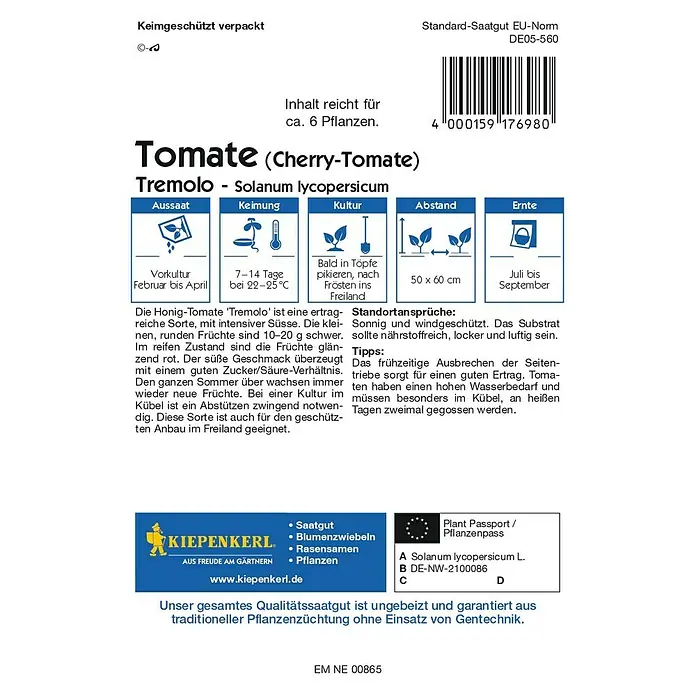 Kiepenkerl Profi-Line Gemüsesamen Cherrytomaten Tremolo F1 - Solanum lycopersicum, Saatzeit: Februar, Erntezeit: Juli - Saatguttüte 'Tremolo' Honigtomate. Informationen zu Aussaat, Keimung, Kultur, Abstand und Ernte für ertragreiche, süße Cherry-Tomaten.