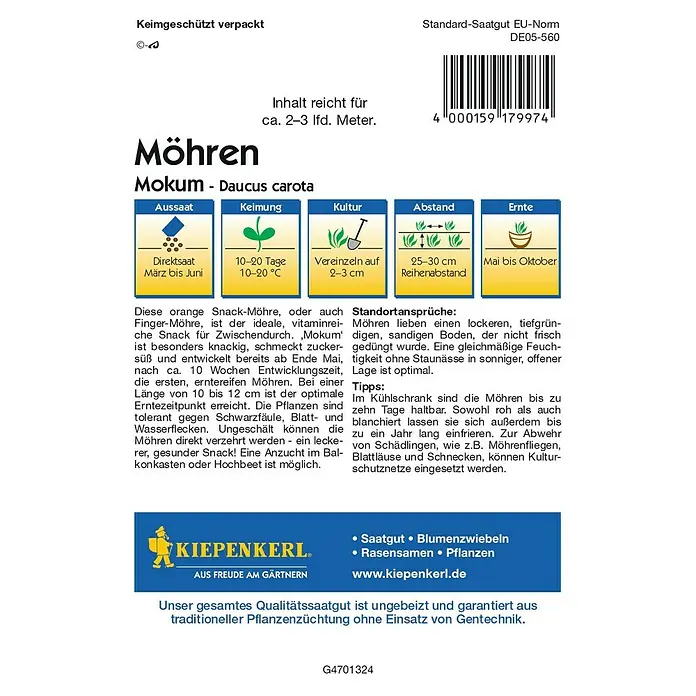 Kiepenkerl Profi-Line Gemüsesamen Möhren - Daucus carota, Saatzeit: März, Erntezeit: Mai - Bild einer Samenpackung "Möhren Mokum".