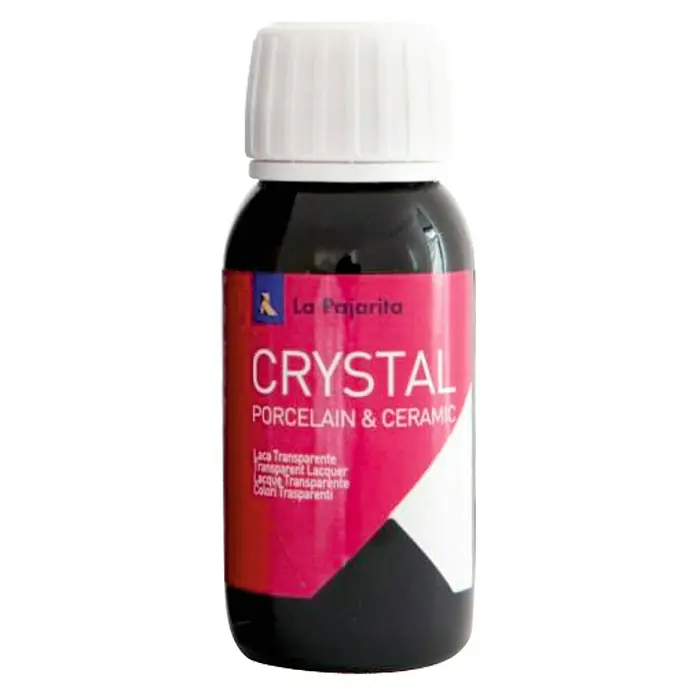 La Pajarita Laca para efectos decorativos Crystal - 50 ml, Marrón - Un bote de pintura para porcelana y cerámica CRYSTAL de La Pajarita, en un frasco de vidrio negro con tapón blanco.