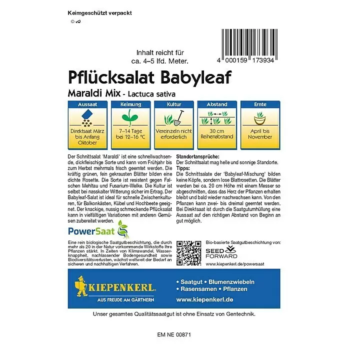 Kiepenkerl Profi-Line Salatsamen Pflücksalat Maraldi Mix PowerSaat - Lactuca sativa, Erntezeit: April, 0,6 g - Samenpackung für Pflücksalat Babyleaf Maraldi Mix, mit Anbauinformationen und Firmenlogos.