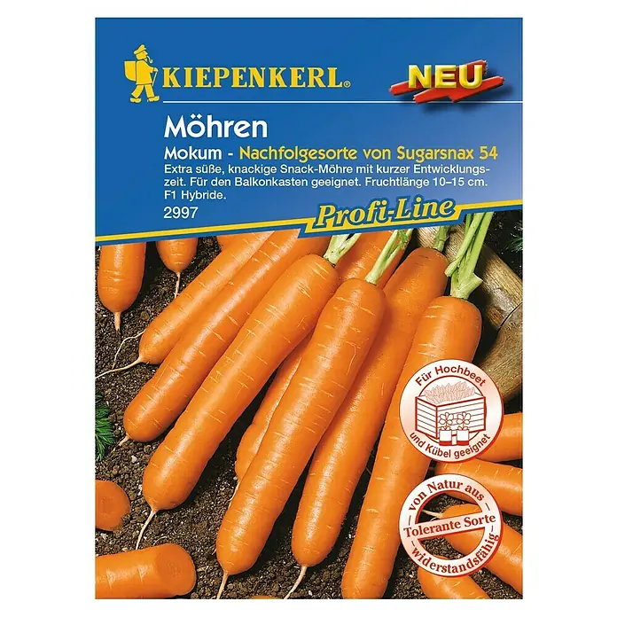 Kiepenkerl Profi-Line Gemüsesamen Möhren - Daucus carota, Saatzeit: März, Erntezeit: Mai - Das Bild zeigt eine Packung Möhren-Samen der Sorte 'Mokum' von Kiepenkerl, einer süßen Snack-Möhre, die für Balkonkästen geeignet ist.