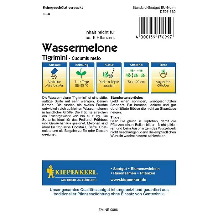 Kiepenkerl Profi-Line Obstsamen Wassermelonen - Cucumis melo, Erntezeit: August - Kiepenkerl 'Tigrimini' Wassermelone Samenpaket mit Pflanzanweisungen und Barcode.