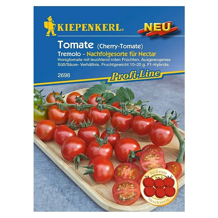 Kiepenkerl Profi-Line Gemüsesamen Cherrytomaten Tremolo F1 - Solanum lycopersicum, Saatzeit: Februar, Erntezeit: Juli - Bild der Kiepenkerl Tremolo Cherry-Tomaten-Samenpackung. Leuchtend rote, süße Früchte für den Naschgarten.