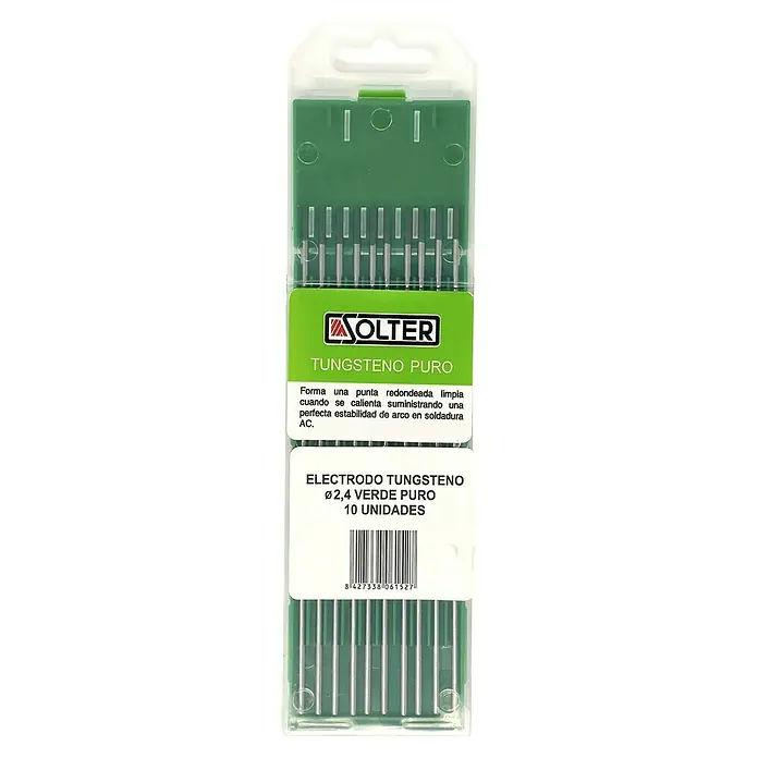 Solter Electrodos de tungsteno - Diámetro: 2,4 mm, Verde, 10 ud. - Paquete de 10 electrodos de tungsteno Ø2,4, asegurando puntas redondeadas limpias al calentarse y arcos estables en soldadura AC.