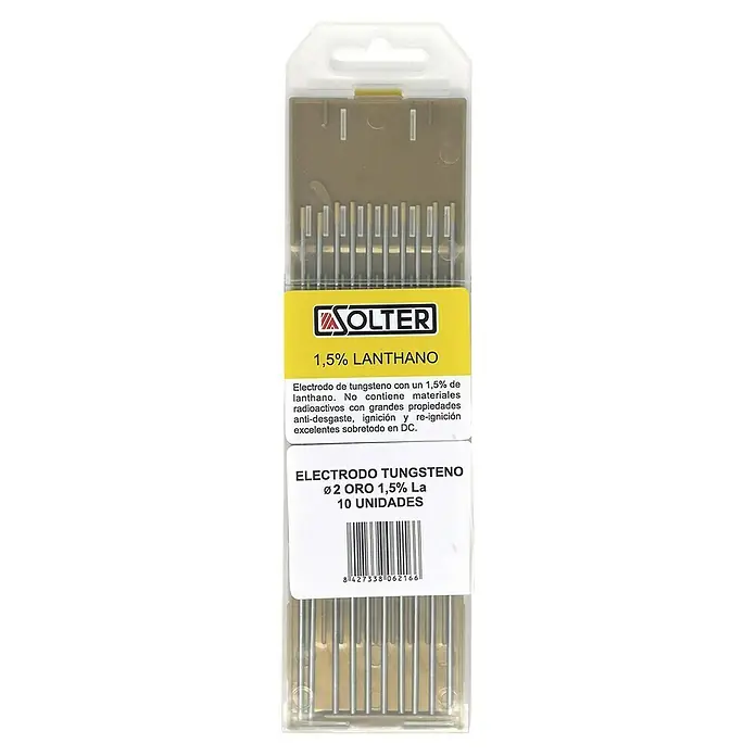 Solter Electrodos de tungsteno - Diámetro: 2 mm, Dorado, 10 ud. - Paquete de electrodos de tungsteno al lantano Wolter 1,5% Ø2 Oro, 10 unidades, para soldadura precisa con excelentes propiedades de ignición.