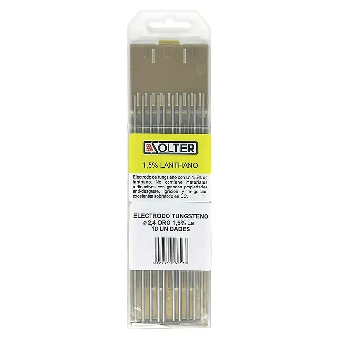 Solter Electrodos de tungsteno - Diámetro: 2,4 mm, Dorado, 10 ud. - Paquete de electrodos de tungsteno, 2,4 oro 1,5% La, ideal para soldar. Contiene 10 unidades para operaciones de soldadura precisas y eficientes.