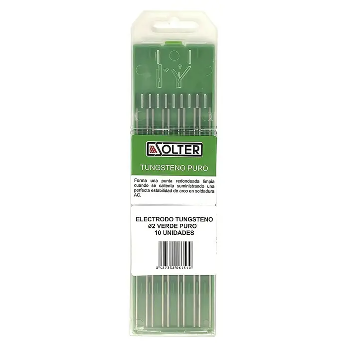 Solter Electrodos de tungsteno - Diámetro: 2 mm, Verde, 10 ud. - Paquete de 10 electrodos de tungsteno SOLTER Ø2, ideales para soldadura AC limpia y estable. Tungsteno puro, marcado verde.