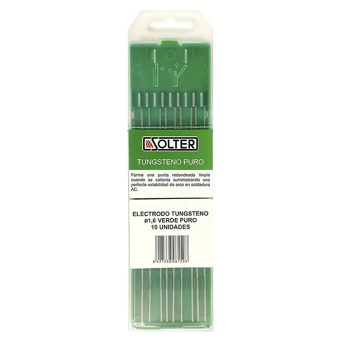 Solter Electrodos de tungsteno - Diámetro: 1,6 mm, Verde, 10 ud. - Paquete de electrodos de tungsteno Solter, Ø1,6, verdes, ideales para soldar. Proporciona puntas limpias y arcos estables en soldadura AC, 10 unidades.