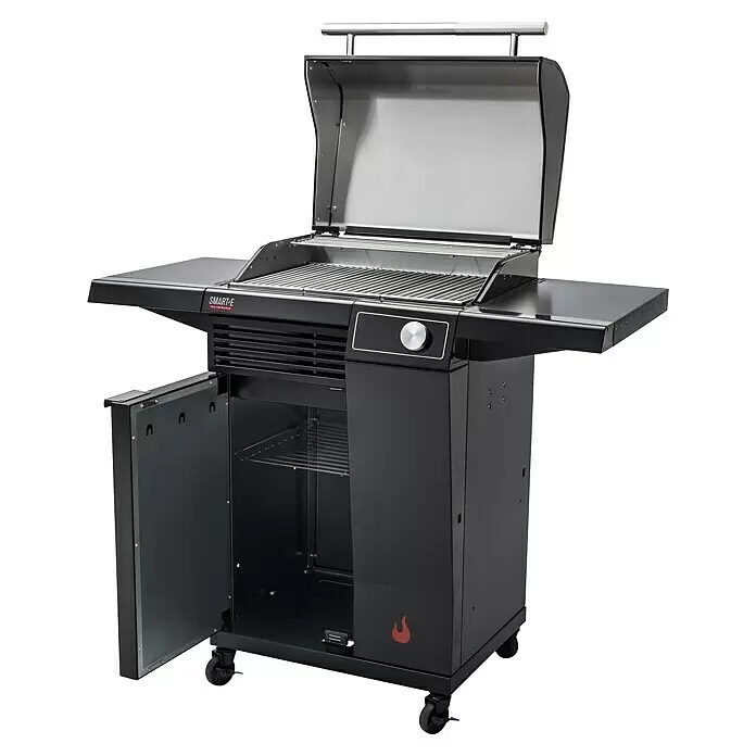 Char-Broil Elektrogrill Smart E - Grillfläche (B x T): 57 x 39 cm, 2,4 kW - Schwarz-silberner SMART-E TRU-INFRARED Grill mit offenem Deckel, Rosten und offenem Unterschrank auf Rollen.