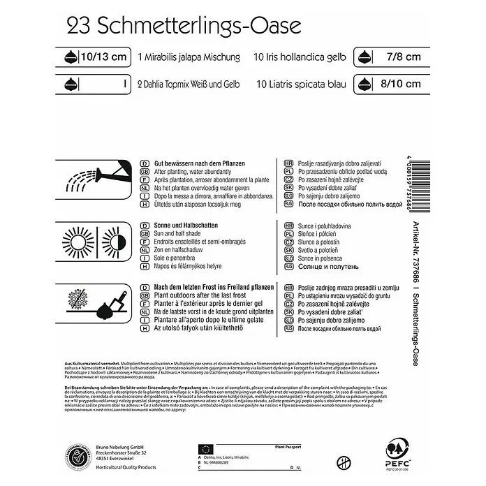 Kiepenkerl Sommerblumenzwiebel-Mix Schmetterlingsoase - Dahlia/Iris/Liatris/Mirabilis, 23 Stk. - Produktinformationen für eine Schmetterlings-Oase mit Blumenzwiebeln verschiedener Sorten und Pflanzhinweisen.